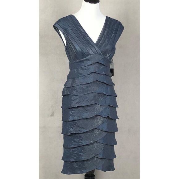 NWT ADRIANNA PAPELL Cocktail Dress Sz 6 Blue Midi Layered Lined Iridescent NEW - Picture 1 of 16